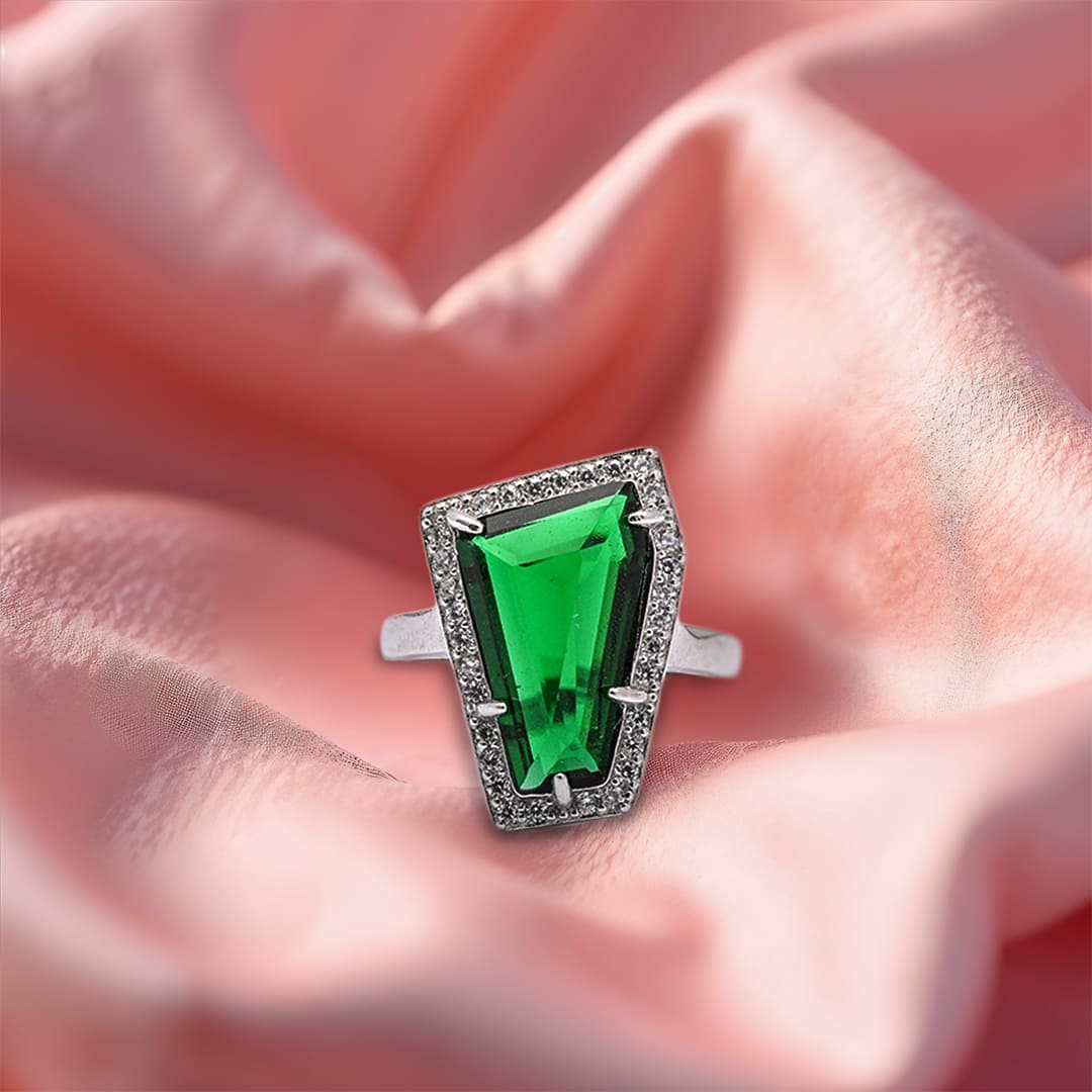 Bold Elegance: Geometric Green Cubic Zirconia Ring in 925 Sterling Silver