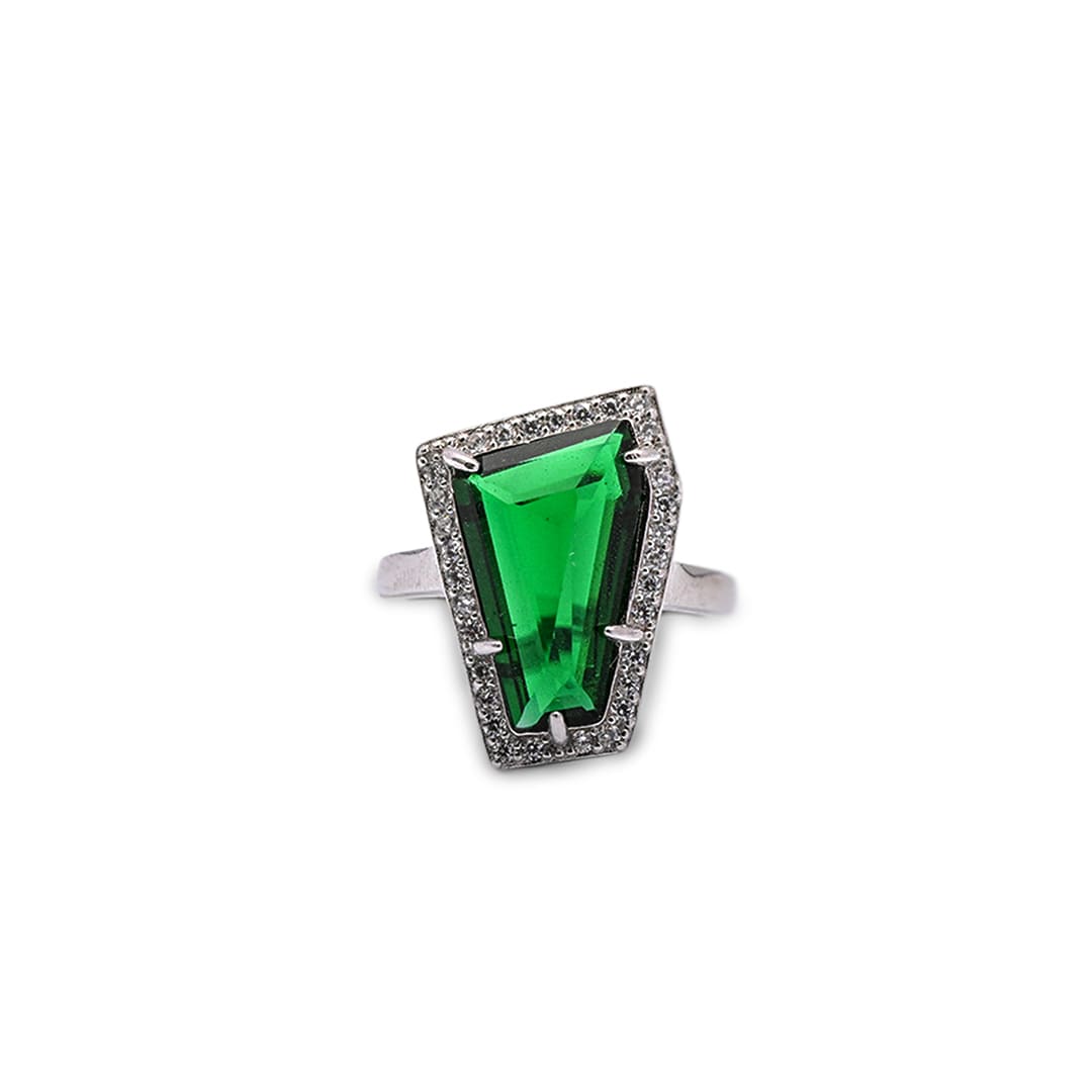 Bold Elegance: Geometric Green Cubic Zirconia Ring in 925 Sterling Silver