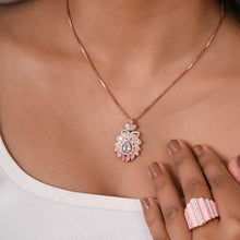 Bold Pink Enamel Statement Ring with Cubic Zirconia Accents in Rose Gold Plated Silver-Model