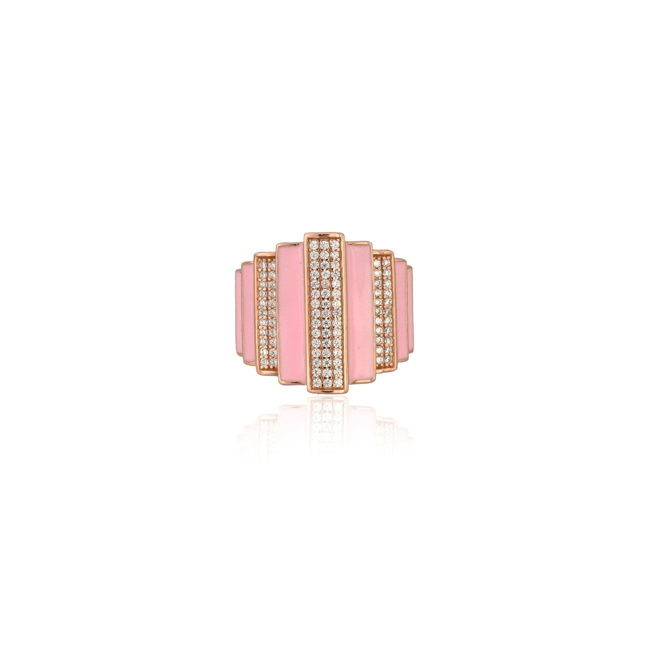 Bold Pink Enamel Statement Ring with Cubic Zirconia Accents in Rose Gold Plated Silver