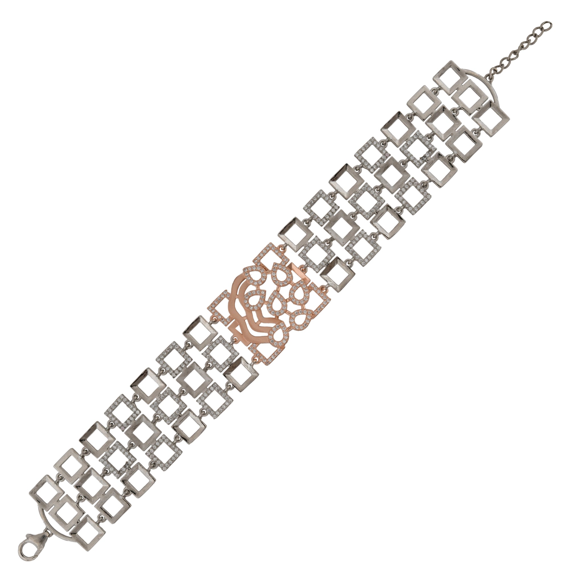 Statement 925 Sterling Silver Bracelet with Cubic Zirconia & Rose Gold Floral Accent – Bold Meets Beautiful
