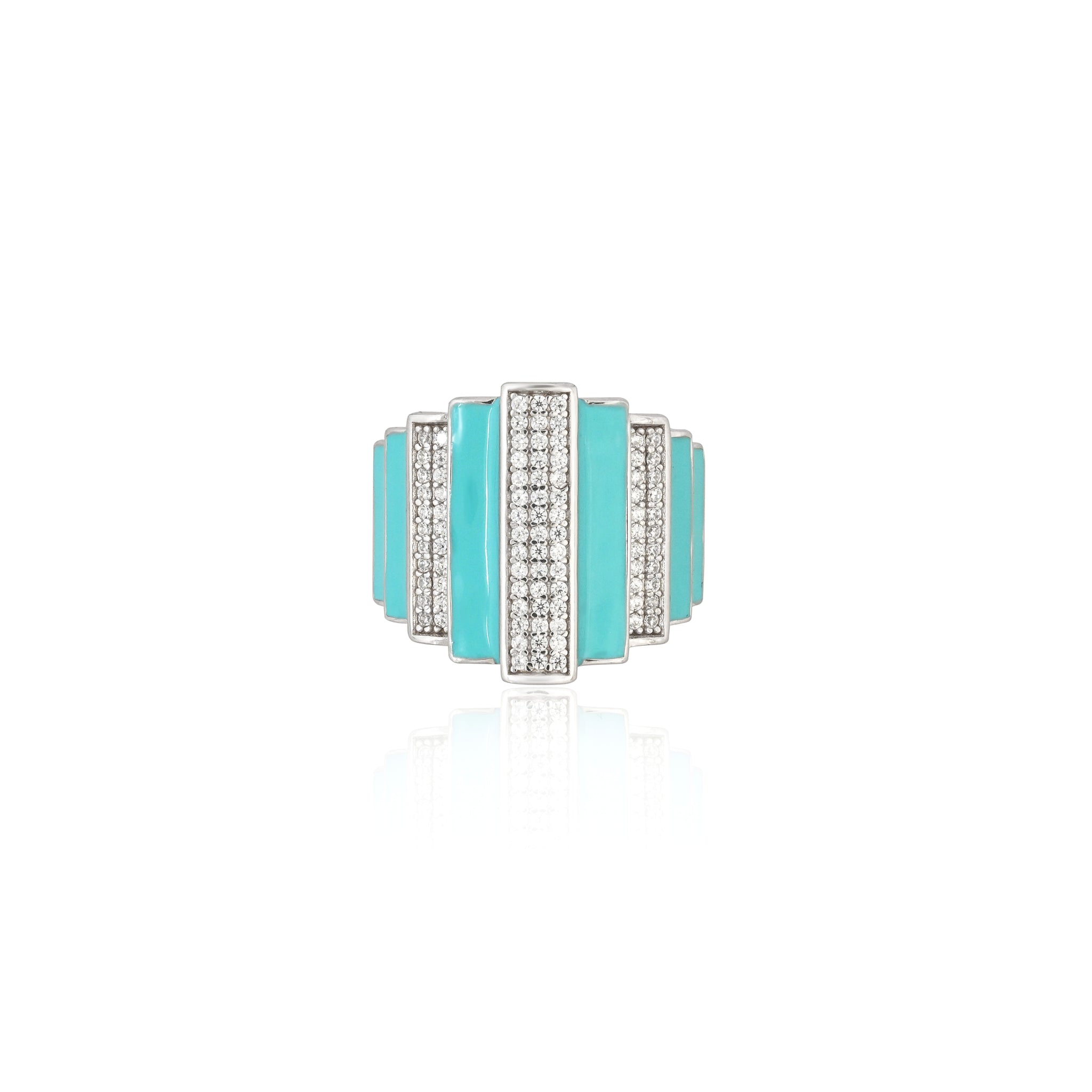 Bold Aqua Blue & Cubic Zirconia 925 Sterling Silver Ring – Art Deco Glam with a Modern Twist
