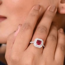 Double Halo Silver Ring with Red Cubic Zirconia-in hands-Model
