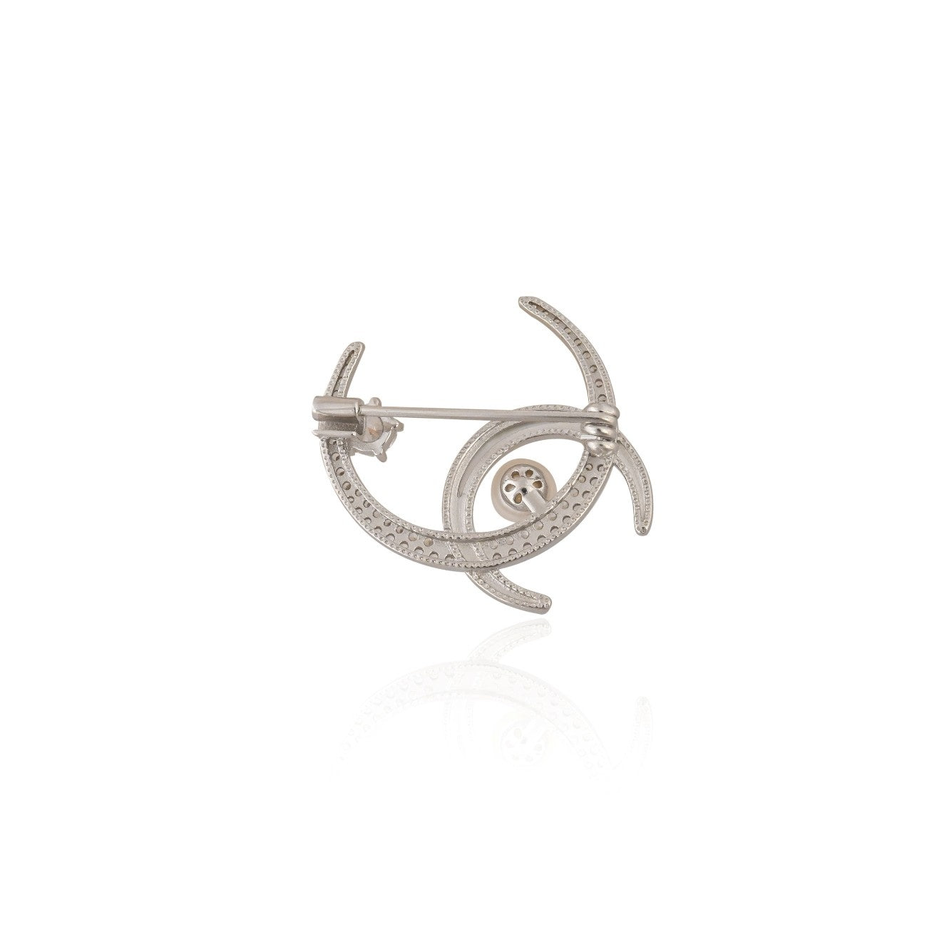 Elegant Crescent Moon Pearl Brooch in 925 Sterling Silver with Cubic Zirconia