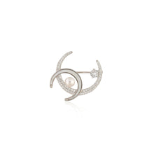 Elegant Crescent Moon Pearl Brooch in 925 Sterling Silver with Cubic Zirconia