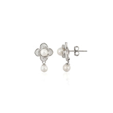 Floral Pearl Drop Earrings in Sterling Silver with Cubic Zirconia – Timeless Grace with a Touch of Sparkle