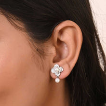Floral Pearl Drop Earrings in Sterling Silver with Cubic Zirconia – Timeless Grace with a Touch of Sparkle-Model