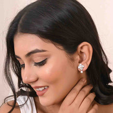 Floral Pearl Drop Earrings in Sterling Silver with Cubic Zirconia – Timeless Grace with a Touch of Sparkle-Model
