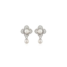 Floral Pearl Drop Earrings in Sterling Silver with Cubic Zirconia – Timeless Grace with a Touch of Sparkle