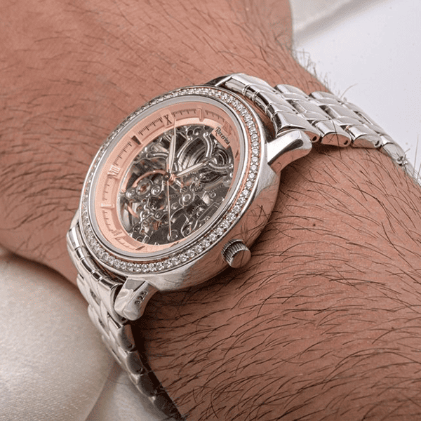 Men’s Skeleton Dial 925 Sterling Silver Watch with Cubic Zirconia – Timeless Elegance Meets Modern Mechanics-in Hands