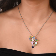Multi-color Enameled Floral Silver Necklace And Earrings Set with Cubic Zirconia Accents-Model-1
