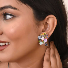 Multi-color Enameled Floral Silver Necklace And Earrings Set with Cubic Zirconia Accents-Model