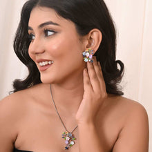Multi-color Enameled Floral Silver Necklace And Earrings Set with Cubic Zirconia Accents-Model