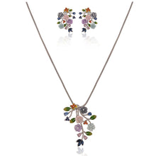 Multi-color Enameled Floral Silver Necklace And Earrings Set with Cubic Zirconia Accents