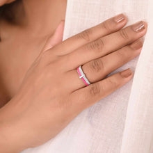 Pink Enamel Open Band Silver Ring with Pavé Set Cubic Zirconia