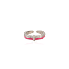 Pink Enamel Open Band Silver Ring with Pavé Set Cubic Zirconia