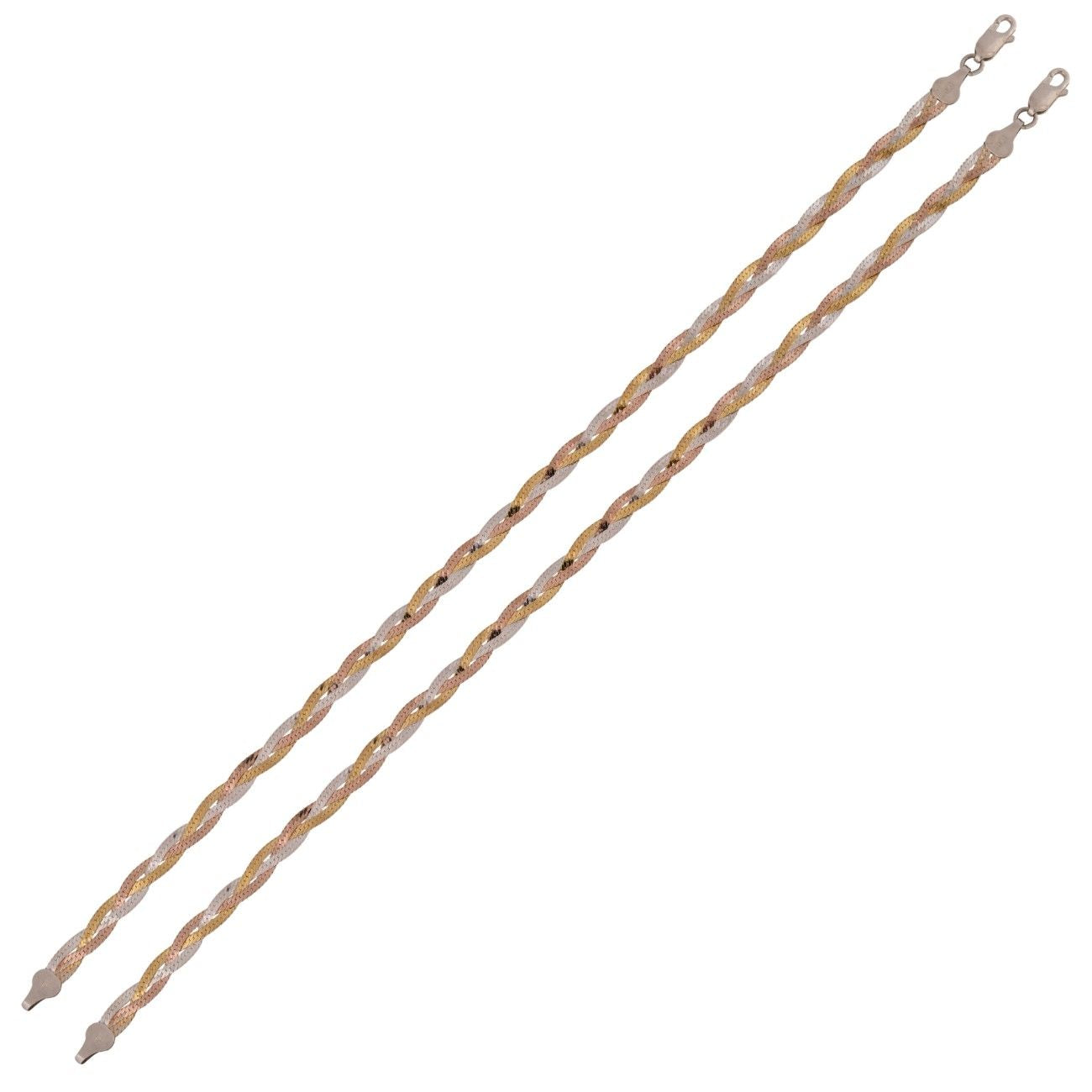 Triple-Tone Twisted 925 Sterling Silver Anklets with Cubic Zirconia – Bold Elegance for Everyday Sparkle
