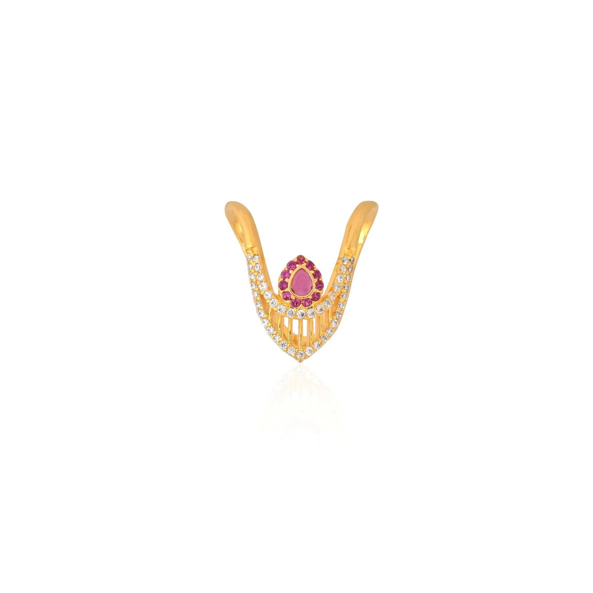 V-Shape Gold-Plated Silver Ring with Pink and White Cubic Zirconia